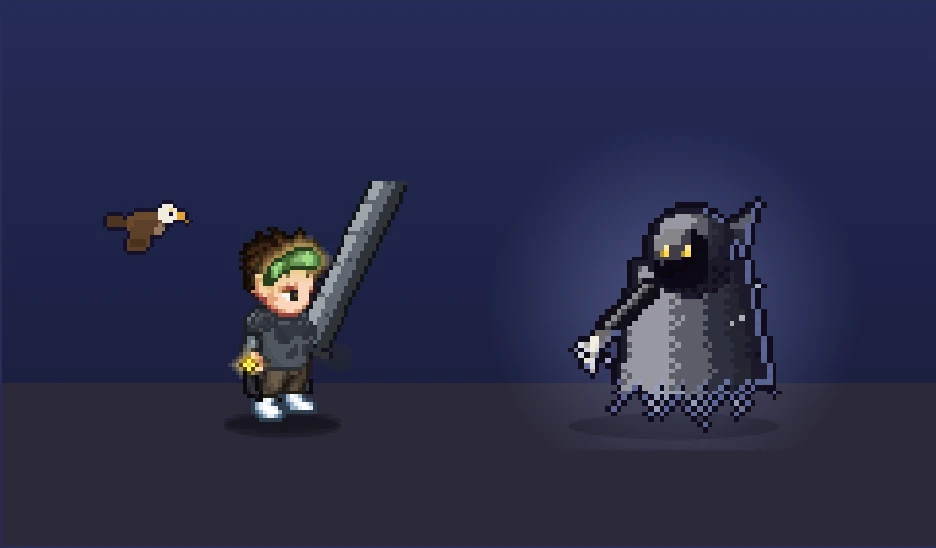 Cena de batalha: o personagem com espada diante de um espectro encapuzado.