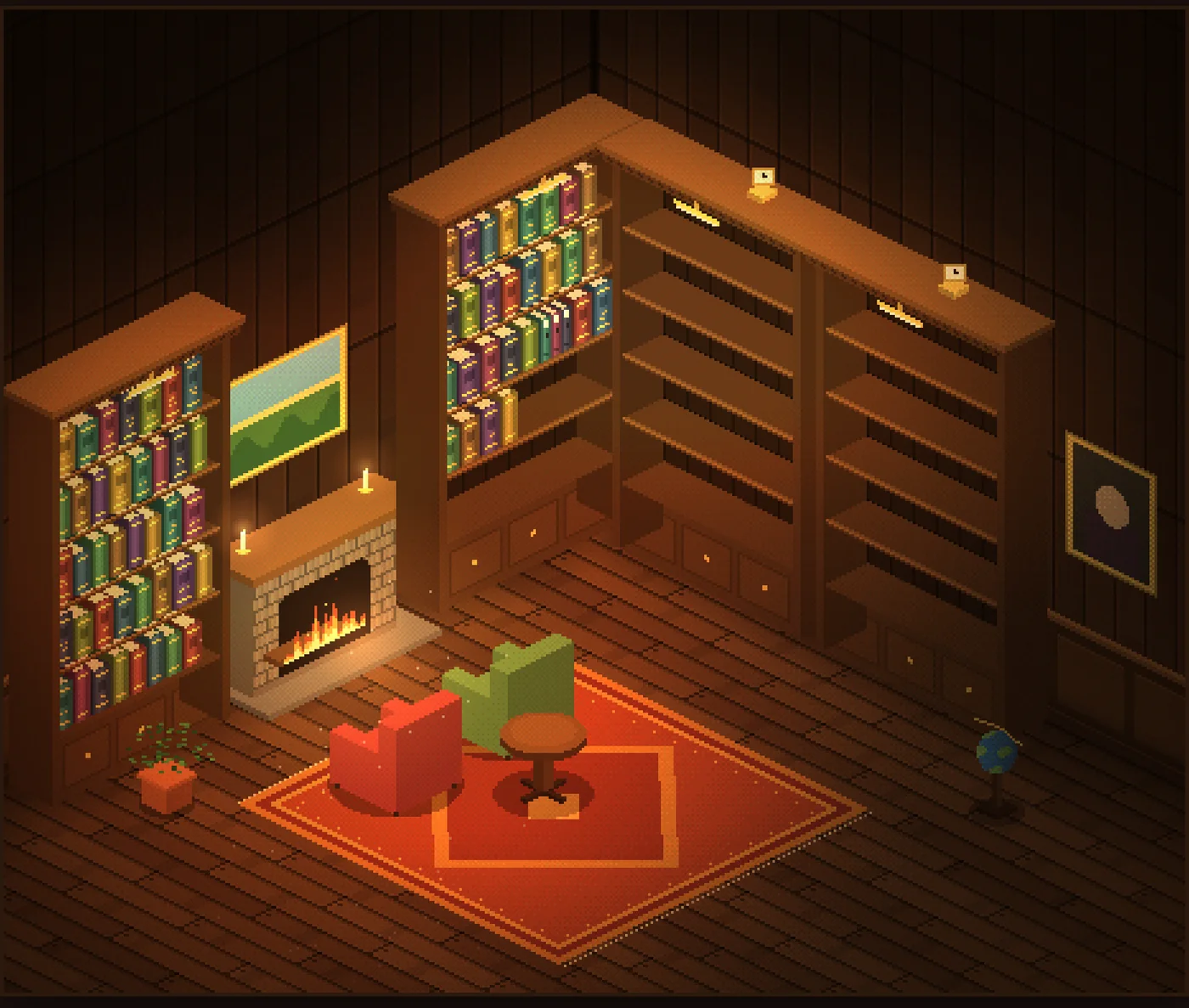 Sala de biblioteca em pixel art isométrica, com estantes cheias de livros coloridos.