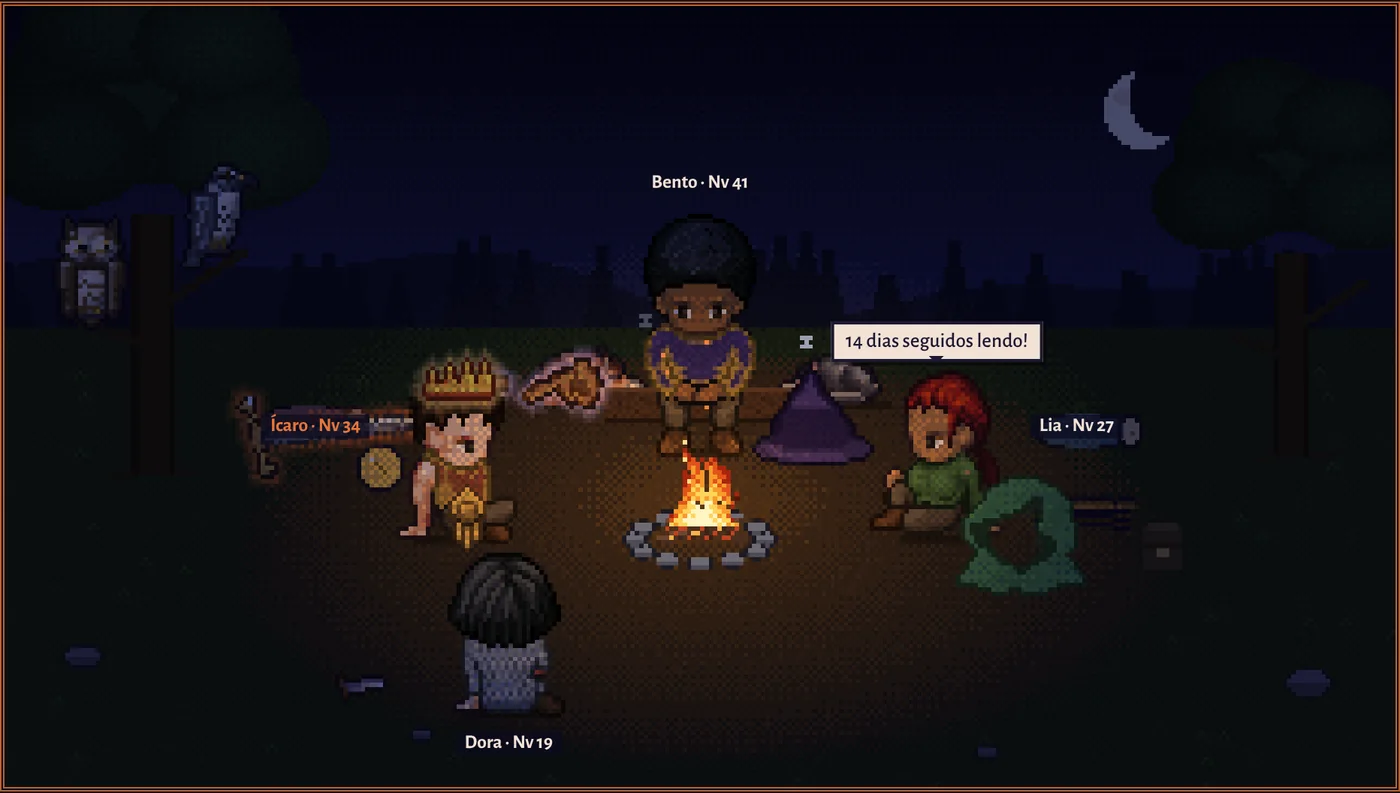 Fogueira à noite em pixel art: a party sentada em volta do fogo, armas no chão, companheiros dormindo.