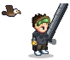 Personagem do jogo em pixel art, com espada grande e um falcão como companheiro.