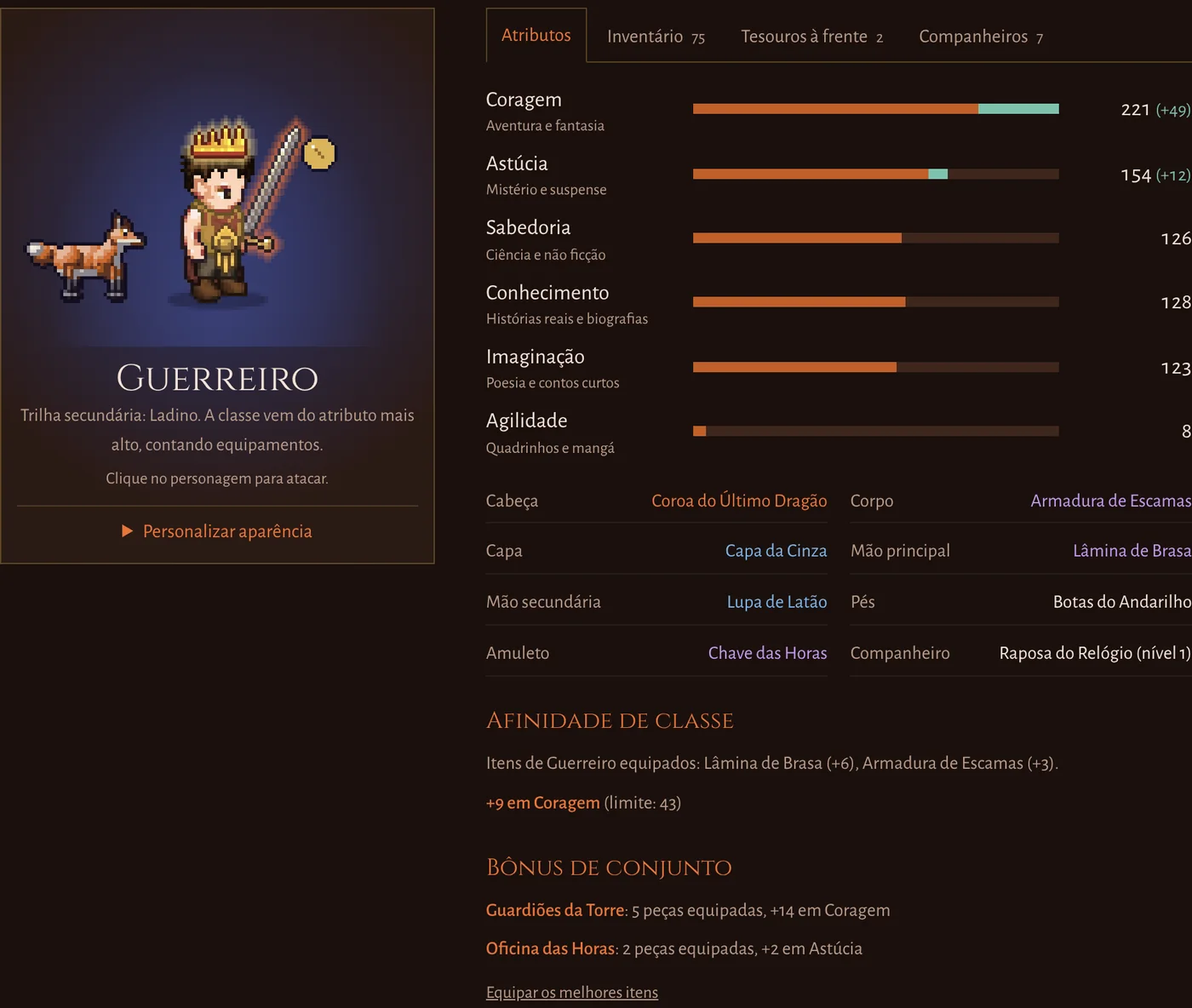 Ficha do personagem: boneco em pixel art equipado, com companheiro, nível, classe e atributos.