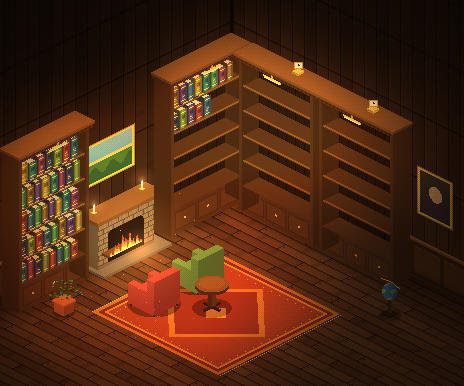 Gabinete: sala com lareira e estantes, em pixel art isométrica.