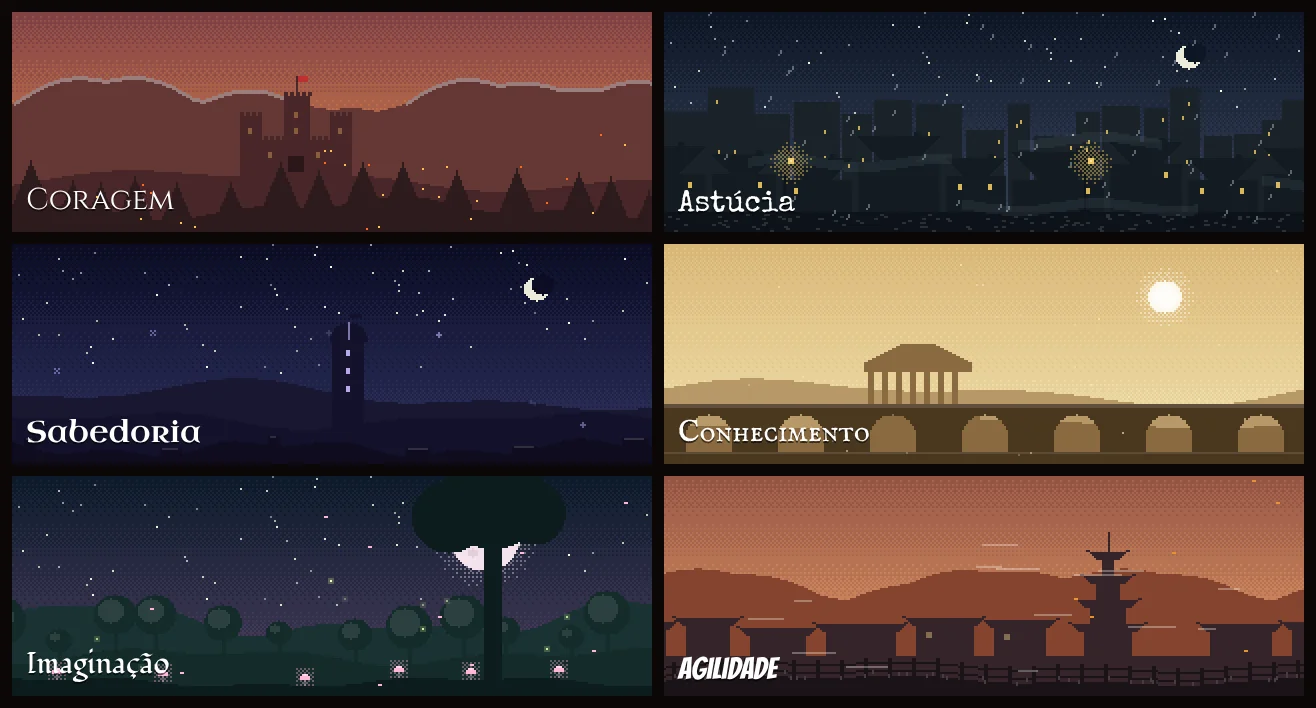 Seis cenários em pixel art: montanhas e castelo, rua de lampiões, observatório, templo, floresta encantada e telhados.